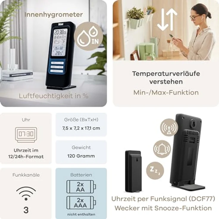 MEBUS Wetterstation 40687, funkgesteuert mit Außensensor, Thermometer/Hygrometer, Funkuhr, Wohlfühlindikator, Wettervorhersage, Mondkalender, Wecker, Farbe: Schwarz – Bild 5