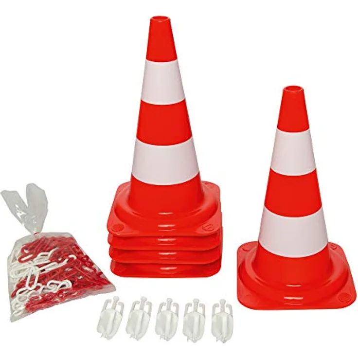 Moravia Tagesleuchtende Leitkegel Set (5x Leitkegel Polyethylen, rot-orange/weiß, H 750 mm, 10m M-Poly-Sicht-Kette rot/weiß, 5x Haken) 353.24.112