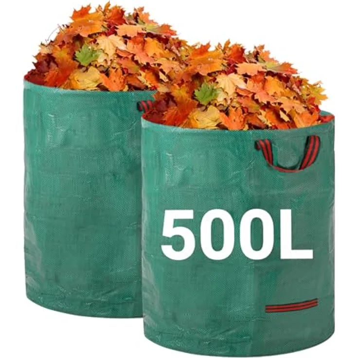 Velway Gartensack 2x500L, stabil selbststehend mit 4 Griffen, robust & wasserdicht, wiederverwendbar & faltbar für Grünschnitt, Laub, Rasenschnitt, Gartenabfälle