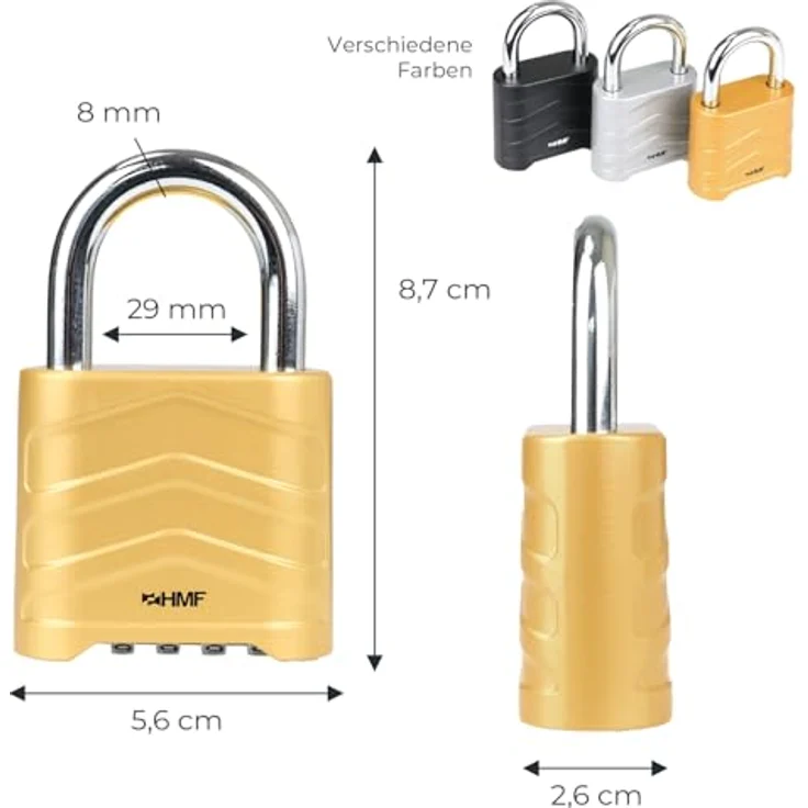 HMF Zahlenschloss Vorhängeschloss, robustes Schloss mit 4-stelligem Zahlencode aus Aluminiumlegierung, 5,6 x 2,6 x 8,7 cm, Gold – Bild 5
