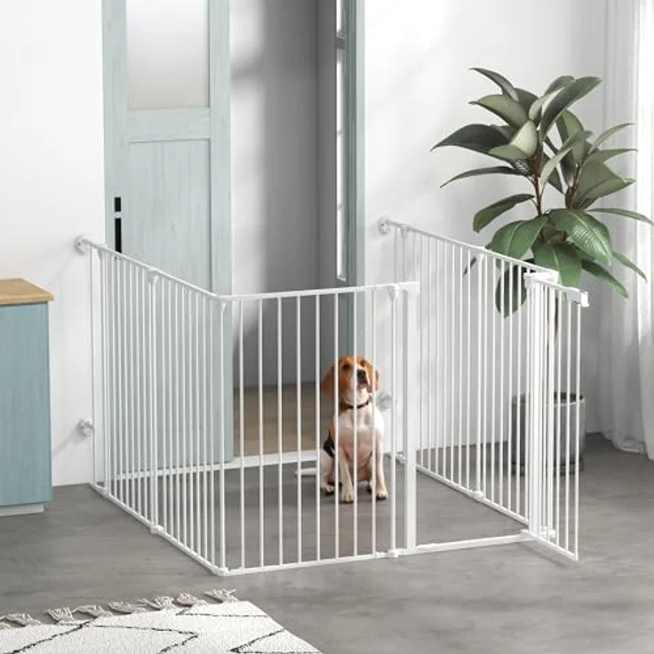 PawHut Welpenauslauf klappbar, 90 cm Hoch, Absperrgitter Hunde, Absperrgitter mit 6 Platten, Freilaufgehege, Freistehendes Kaminschutzgitter, Freigehege für mittelgroße Hunde, Stahl, Weiß – Bild 2