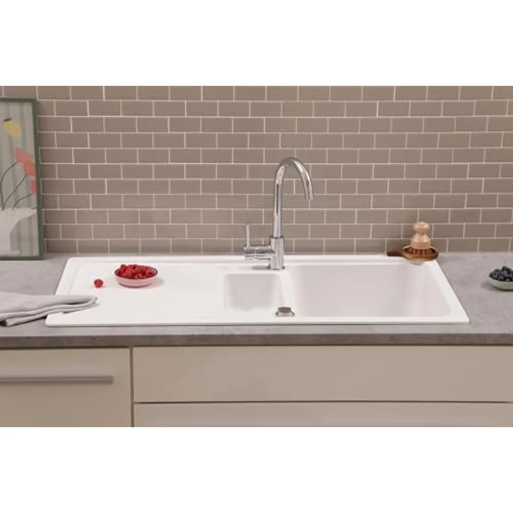 respekta Austin Massivgranit Spüle 100 x 50 cm, hitzebeständig, 1,5 Becken, weiße Oberfläche, für Unterschränke ab 60 cm – Bild 2