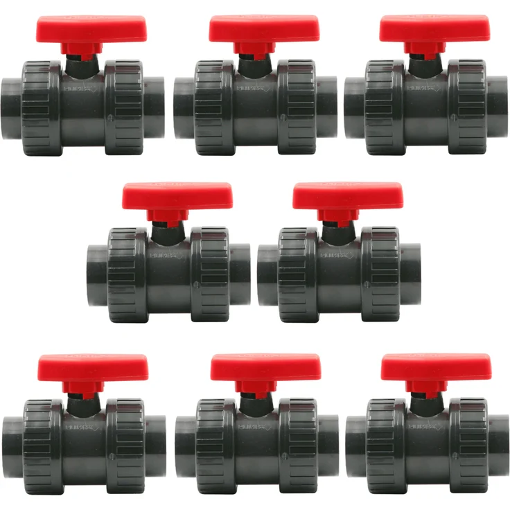 HAF 8x PVC 2-Wege Kugelhahn mit rotem Griff, 63mm Klebemuffe x Klebemuffe, grau, PN16 für Pool- und Teichverrohrung