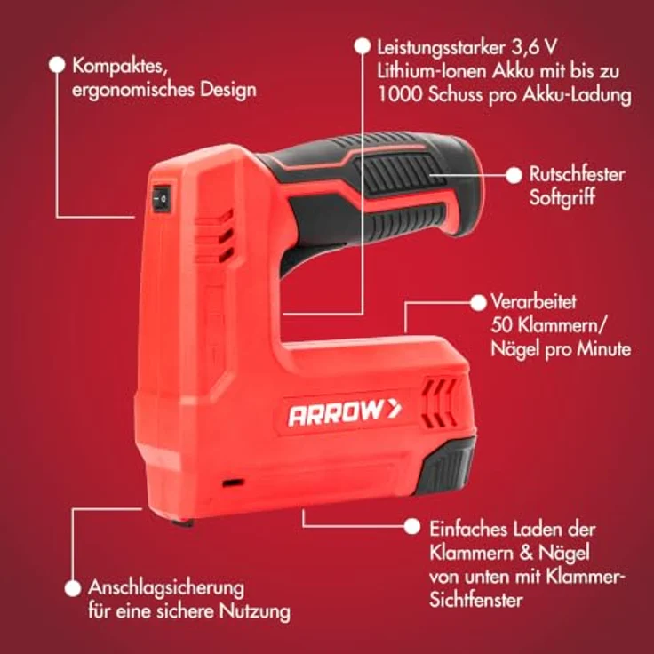 Arrow E21 819158 Akkutacker, kompakter Akku-Tacker für Heimwerker mit bis zu 1.000 Schüssen pro Akkuladung – Bild 4