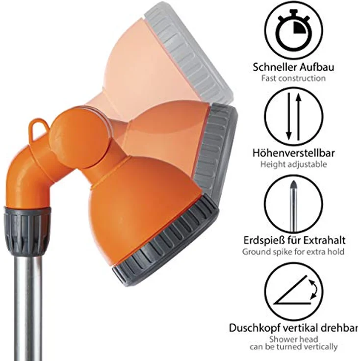 ONVAYA Gartendusche mit Stativ & Erdspieß, höhenverstellbar, silber/grau/orange, Pooldusche bis 225 cm – Bild 4