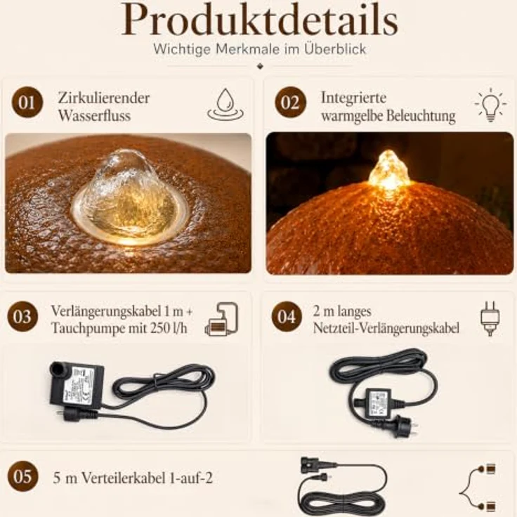 Köhko Cortenstahl Kugelbrunnen mit LED-Beleuchtung, Harzbecken, dekoratives Wasserspiel für innen und außen, Ø 30 cm – Bild 6