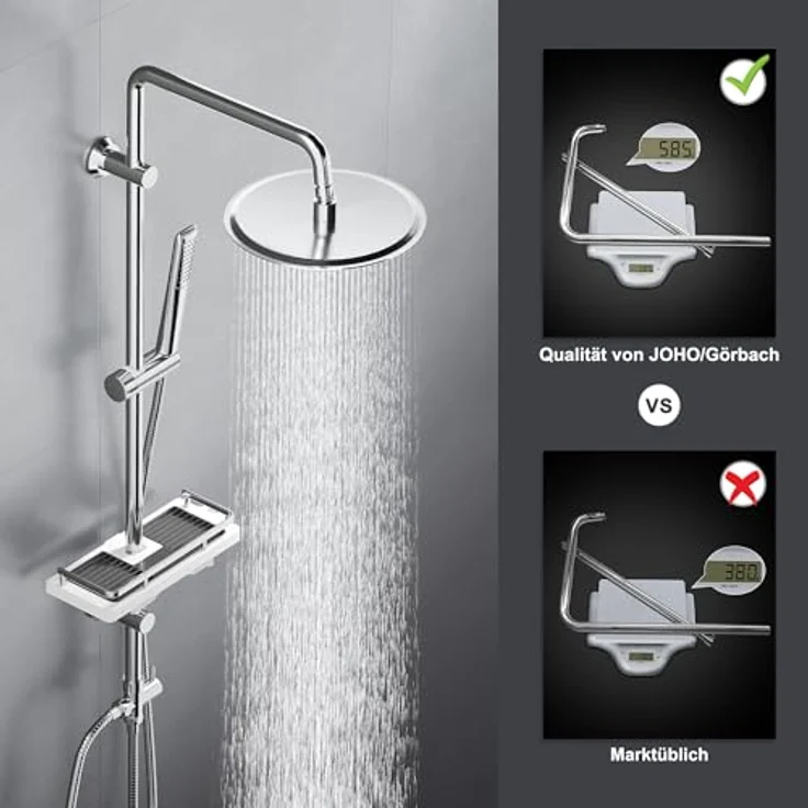 Görbach Edelstahl Duschset Regendusche mit verstellbarer Duschstange, Kopfbrause 20 cm, Duschablage Chrom und Massiv Messing Umschaltventil – Bild 3