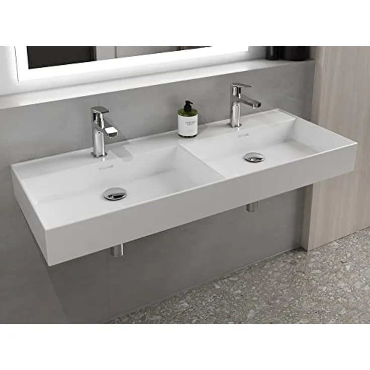 Aqua Bagno Doppelwaschbecken weiß, Loft Air Design, Keramik Waschbecken eckig | 121 x 46 cm