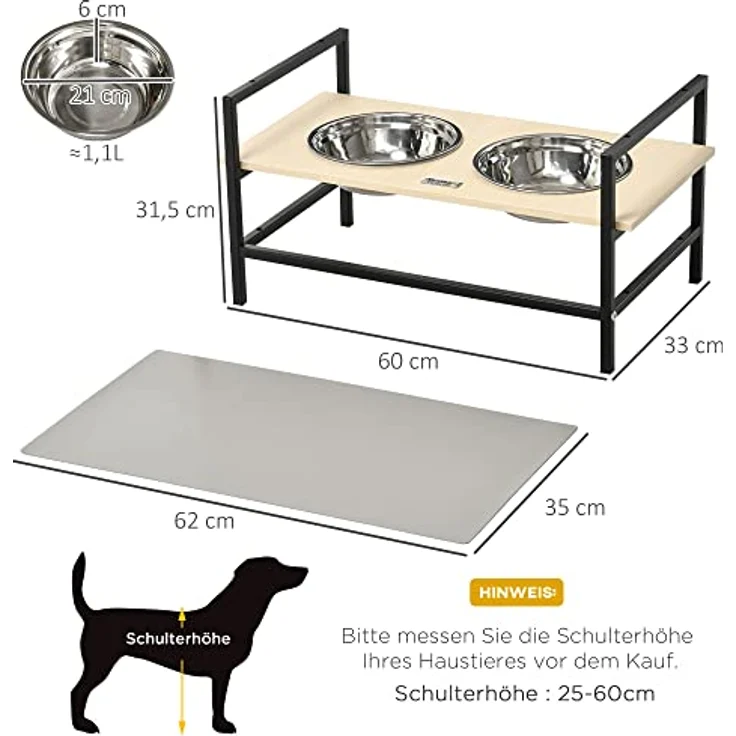 PawHut Erhöhtes Futterstation, Verstellbarer Futternapf, Hundenapf aus Edelstahl mit Futterständer, Hundematte, Futterschale für Kleine, Mittlere und Große Hunde – Bild 3