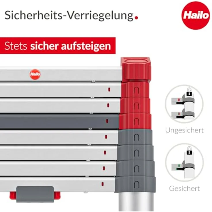 Hailo Teleskop-Anlegeleiter Aluminium, 9 Stufen, max. 150 kg, 265 cm, rutschfeste Sprossen, anodisierte Oberfläche, Einhand-Auslösesystem – Bild 4