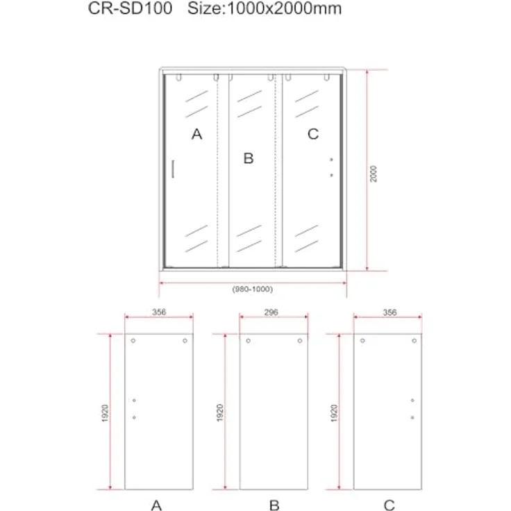 Aloni 3-teilige Nischen-Schiebetür, 8mm Sicherheitsglas, Chromrahmen, 100x200cm – Bild 5