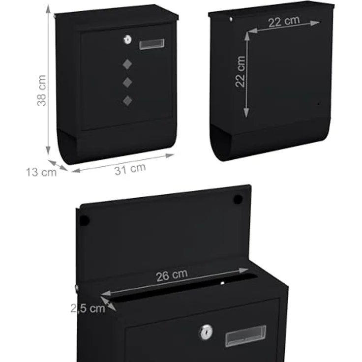 relaxdays Briefkasten mit Zeitungsfach, modernes Design aus pulverbeschichtetem Eisen, schwarz – Bild 4