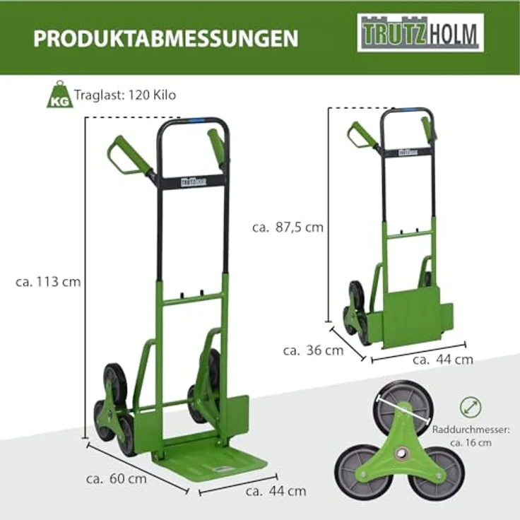 TRUTZHOLM Klappbare Treppensackkarre, höhenverstellbar, große Ladefläche, Stahl, 120 kg Traglast, 113 cm Höhe, pannensichere Vollgummiräder – Bild 3