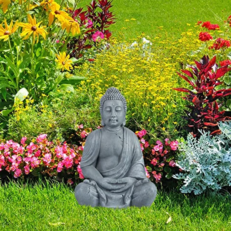 Buddha Figur sitzend, XL 70 cm, Gartenfigur, Dekofigur Wohnzimmer, wetterfest & frostsicher, hellgrau – Bild 3