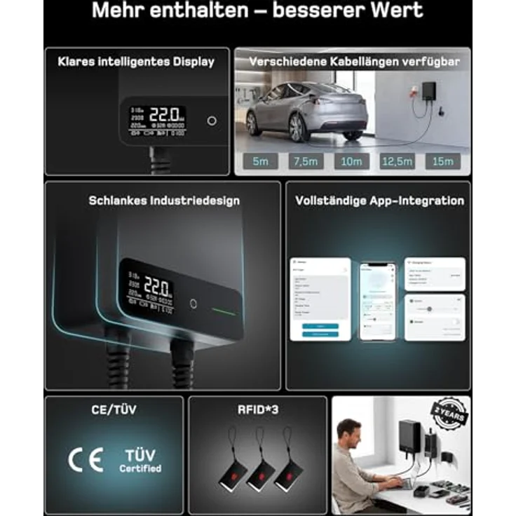 dé 22kW Wallbox mit 7.5 m Kabel, App & RFID Version, dreiphasiges Laden, LCD-Statusanzeige, IP54 – Bild 3