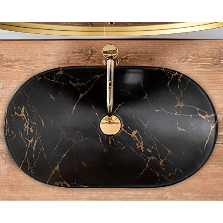 Rea Aufsatzwaschbecken Royal 60 Black Marble Mat Waschtisch Handwaschbecken Spülbecken Waschschale Waschbecken für Badezimmer aus hochwertiger Keramik 605 mm x 360 mm x 160 mm (schwarz matt) – Bild 5