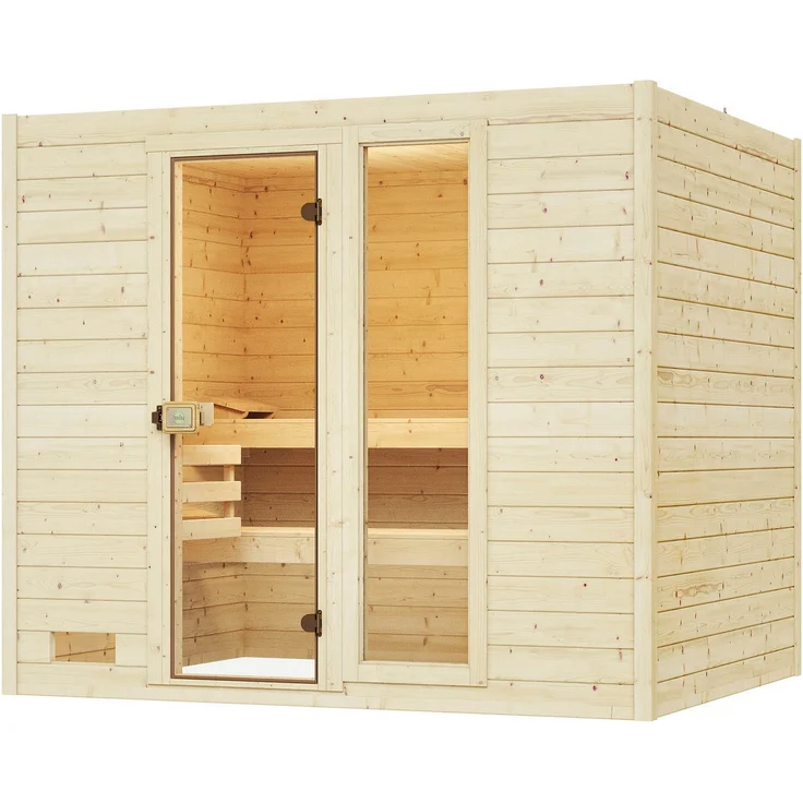 Weka Sauna Massivholzsauna VALIDA 4, 239 x 189 x 203,5 cm, 38 mm, Blockbohlen, Fensterelement, Ganzglastür - Naturbelassenes Fichtenholz