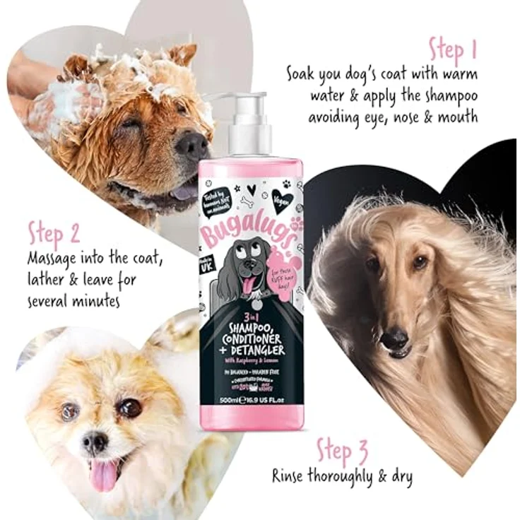 Bugalugs Hundeshampoo 3in1 mit Conditioner und Entwirrer, 500 ml, pH-neutral, vegan, mit Himbeer- und Zitronenduft, für alle Hunderassen – Bild 8