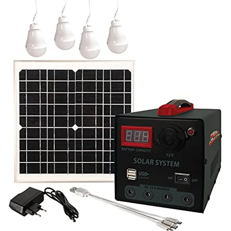 MAUK Solar-Panel 15W mit Powerpack 40W, USB und 12-V-Anschluss, inkl. 4 LED-Birnen und Netzteil