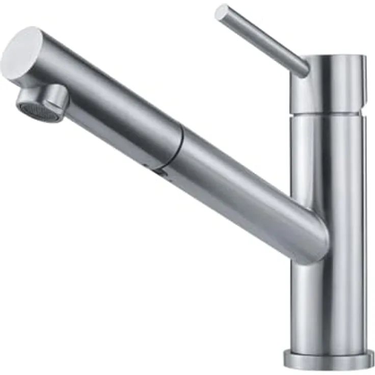 FRANKE Orbit Küchenarmatur, Edelstahl massiv Einhebelmischer mit Zugauslauf und 120° Schwenkbereich