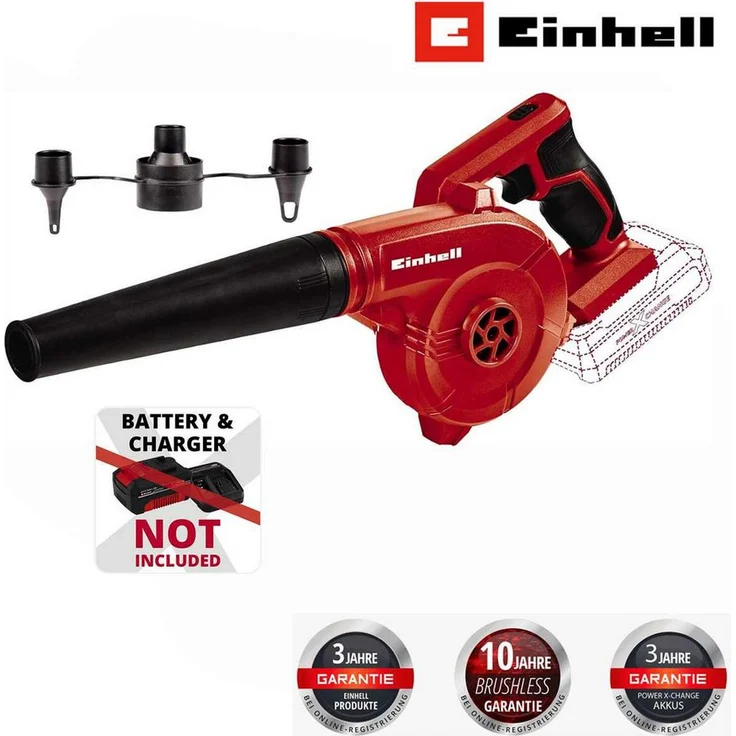 Einhell Akku-Laubbläser TE-CB 18/180 Li - 18V (solo) Power X-Change, Mitglied der Power X-Change Familie, 2 Geschwindigkeitsstufen, inkl. 3x Aufblasadapter, kabellose Freiheit - Schwarz