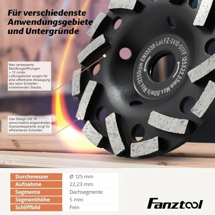 FANZTOOL Premium Diamant-Schleiftopf Abrasiv 125 mm x 22,2 mm Schleifteller Estrich, Asphalt, Putz, abrasive Baustoffe, TURBO-STAUBSAUGUNG-EFFEKT – Bild 7