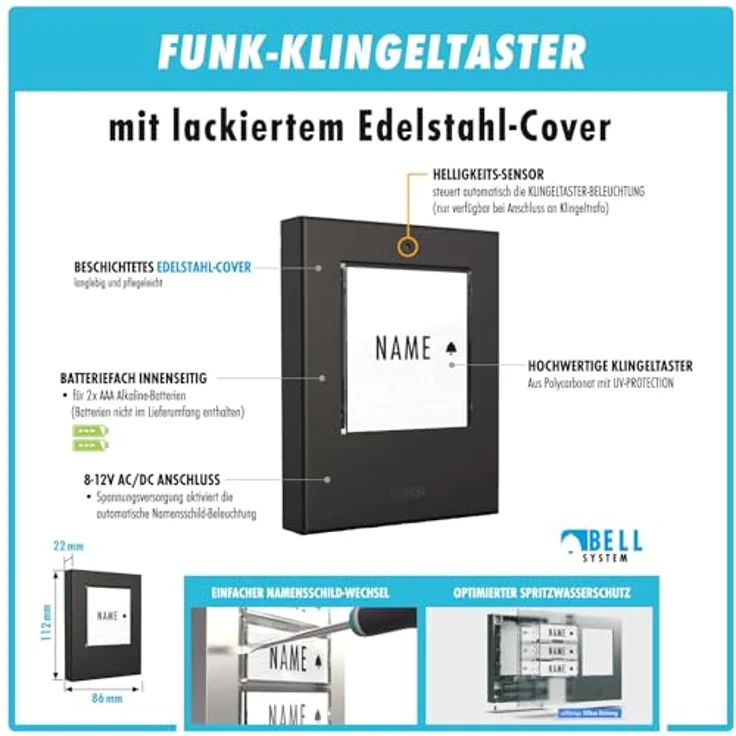 m-e Funkklingel BELL-521 AC, Erweiterbare kabellose Türklingel in Edelstahl Anthrazit, 300 Meter Reichweite, mit Sender und Empfänger für Einfamilienhäuser – Bild 5
