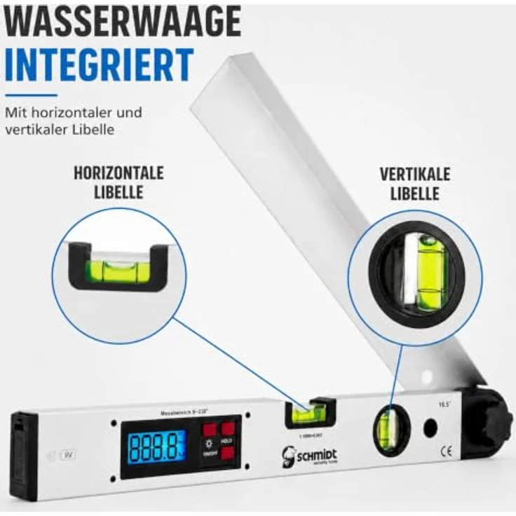 SCHMIDT security tools WM-420A digitale Wasserwaage und Winkelmesser, LCD Display mit blauer Hintergrundbeleuchtung, Messgenauigkeit ±0,5°, Silber – Bild 7