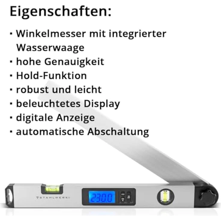 STAHLWERK DW-45 ST Digitaler Winkelmesser mit Wasserwaage, 0-230 Grad, 450 mm, beleuchtetes LCD-Display, Hold-Funktion – Bild 4