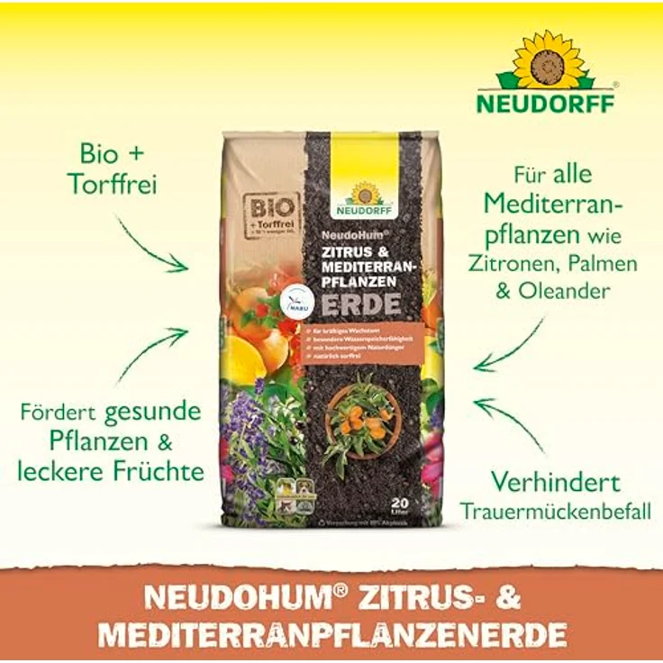 Neudorff NeudoHum Mediterranpflanzenerde, torffreies Pflanzsubstrat für Zitrus- und Kübelpflanzen, 20 l – Bild 2