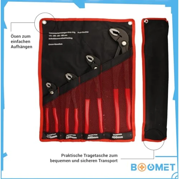 BOOMET Wasserpumpenzange Set · 4er Set 175mm 250mm 300mm 400mm · Verstellbare Rohrzange mit Druckknopf · Zangenschlüssel mit Feinverstellung per Knopfdruck – Bild 4