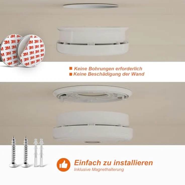 Ruan Rauchmelder mit Magnethalterung, Photoelektrischer Feuermelder mit 10 Jahren Lebensdauer und Austauschbarer Batterie, 10 Stück – Bild 5