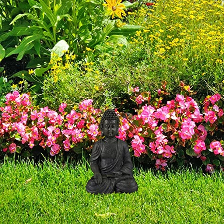 Relaxdays Buddha Figur sitzend, 30 cm, Gartenfigur, Dekofigur Wohnzimmer, Keramik, wetterfest, frostsicher, dunkelgrau – Bild 4