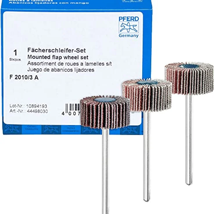 PFERD Fächerschleifer-Set F, 3-tlg. / Korund Ø20x10mm Schaft-ø 3mm A80, 120, 180 / 44498030 – für Feinschliff & Finish mit dem Geradschleifer oder Biegwellenantrieb – Bild 1