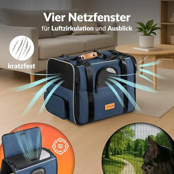 Cadoca Tiertransportbox, faltbare Transporttasche für Hund und Katze, blauer Stoff, mit wendbarem Liegekissen, Reflektoren und faltbarem Trinknapf – Bild 3