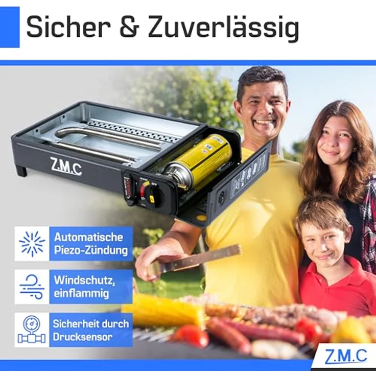ZMC 2-in-1 Gaskocher + Gasgrill 2,2KW, inkl. Zubehör, Campingkocher mit Grillplatte + Grillrost, Tragekoffer, 3,8kg, Piezo-Zündung ohne Gaskartusche, schwarzes Design – Bild 4