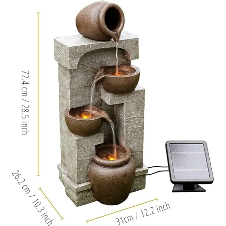 Teamson Home Gartenbrunnen „Cascading Bowls“, solarbetrieben mit LED, Polyresin braun, 72 cm – Bild 6