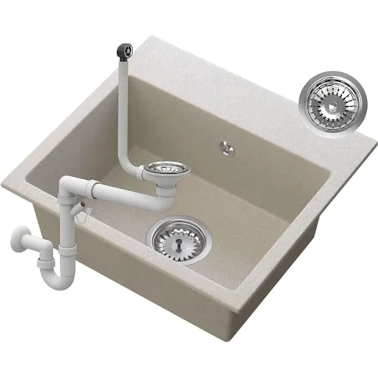 Granitan Spülbecken Milos 45 x 42 cm - Küchenspüle mit Hitzebeständigkeit und vorgebohrten Löchern - Einbauspüle mit Siphon - Beige