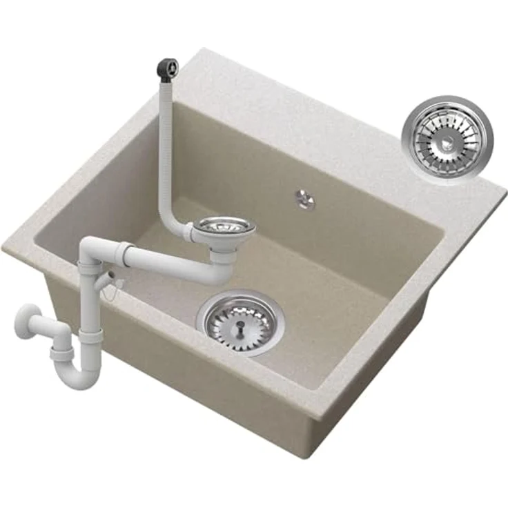 Granitan Spülbecken Milos 45 x 42 cm - Küchenspüle mit Hitzebeständigkeit und vorgebohrten Löchern - Einbauspüle mit Siphon - Beige – Bild 1