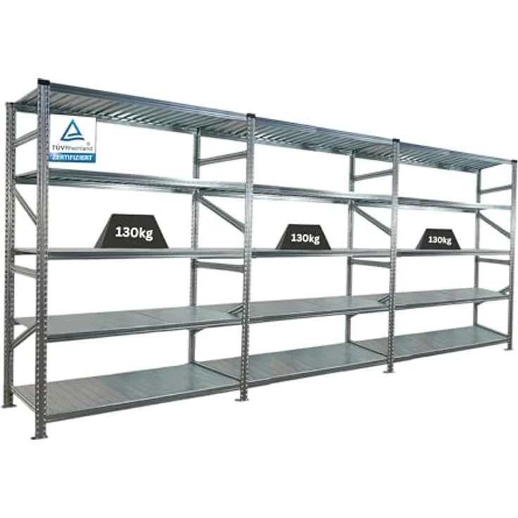 Proregal PROXIMO Metallregal, Fachbodenregal in verzinktem Stahl, 1x Grundregal + 2x Anbauregal, H200 x B450 x T60 cm, Traglast 130 kg pro Boden, 5 höhenverstellbare Böden – Bild 1