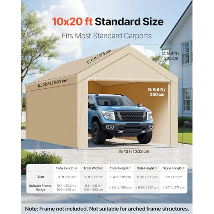 VEVOR Carport-Ersatzdach 3,05 x 6,09 m, UV-beständige Garagenzeltplane mit Seitenwänden, strapazierfähig, beige, ohne Rahmen – Bild 2