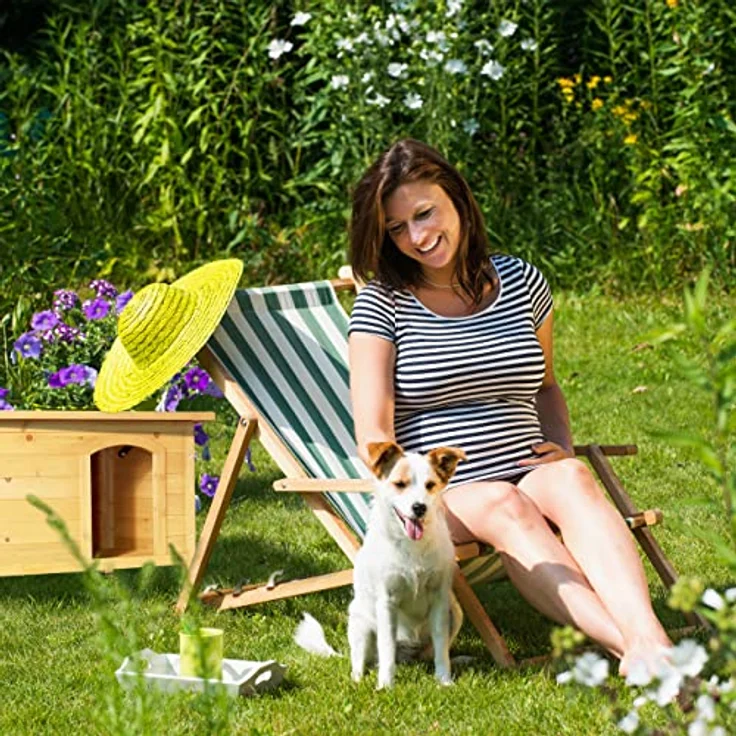 Relaxdays Hundehütte, HxBxT: 58 x 86 x 58 cm, wetterfestes Hundehaus, Holz, Dachpappe, Hundevilla Outdoor, Natur/schwarz – Bild 3