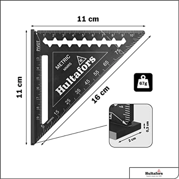 Hultafors Anschlagdreieck MMRS (Länge 110 mm, für 45°- und 90°-Winkel, starke Kante als Sägeführung, lasergravierte Skalen für Grat-, Kehl- und Schiftsparren, Messwerkzeug) 483287 – Bild 2
