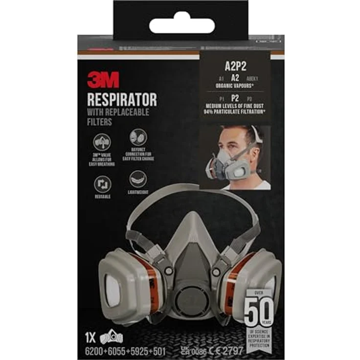 3M Mehrweg-Halbmaske 6002C - Halbmaske mit Wechselfiltern gegen organische Gase, Dämpfe und Partikel - Für Farbspritz- und Maschinenschleifarbeiten – Bild 7