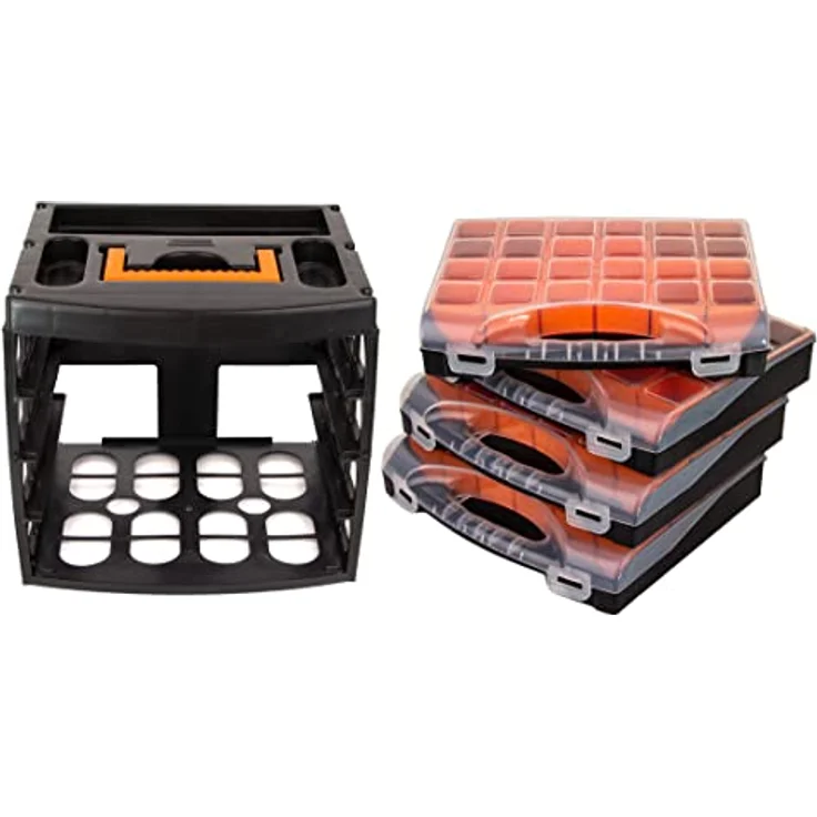BigDean Werkzeugkoffer Sortierkasten mit 4 herausnehmbaren Schubladen Sortimentskasten - Flexibles Ordnungssystem, Kunststoff, schwarz, orange, transparent – Bild 5