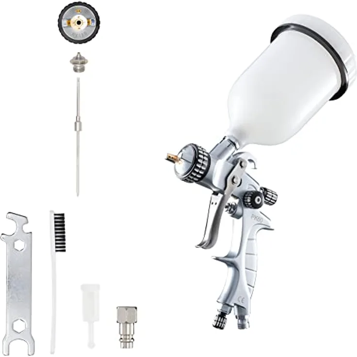 BenBow Lackierpistole PK60 HVLP 1,4 mm Düse + 600 ml Fließbecher - ideal für Autolackierung, DIY-Projekte - hochwertige Sprühqualität - Druckluft-Spritzpistole
