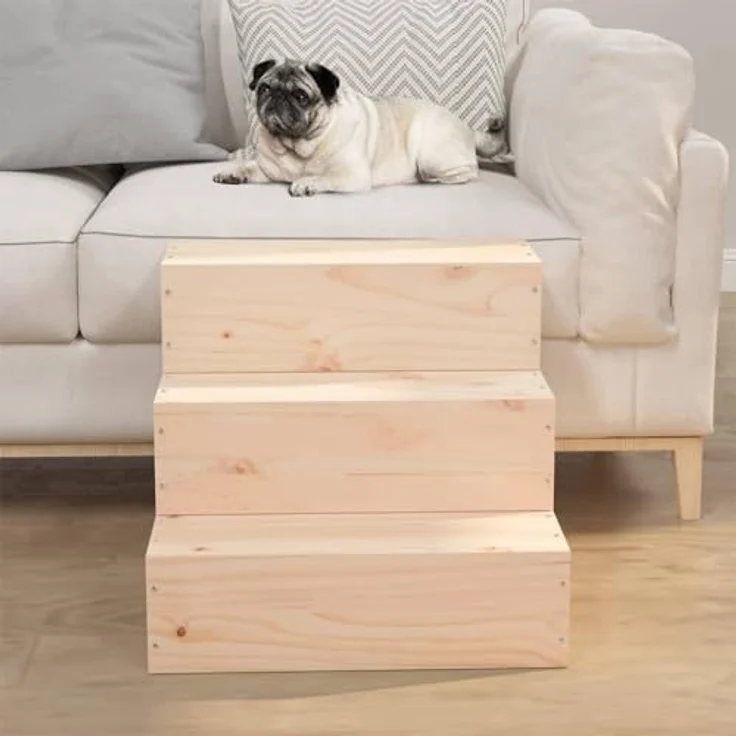 vidaXL Haustiertreppe, Hundetreppe mit Holzrahmen, Katzentreppe mit 3 Stufen, Aufstiegshilfe Treppe Katzen Hunde, Massivholz Kiefer – Bild 2