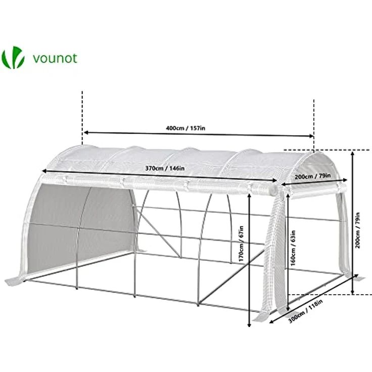 VOUNOT Gewächshaus Foliengewächshaus, Seitenwände Aufrollbar Winterfest, Tomatenhaus Folientunnel, 4x3x2m 12m², Weiß – Bild 2