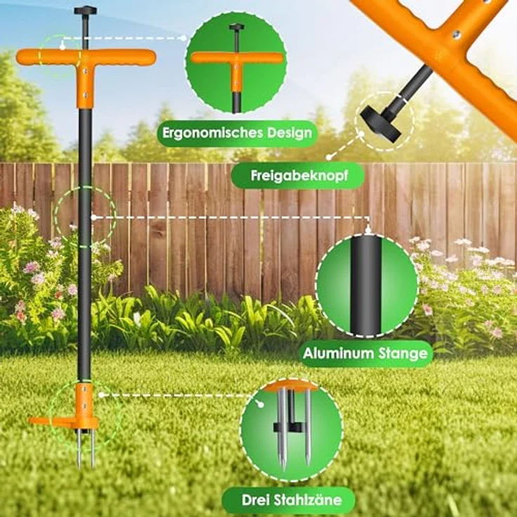 KESSER® Unkrautstecher mit Stiel, ergonomischer Unkrautentferner mit T-Griff & Fußpedal, 3 Stahlzähne & Sprungfeder, inklusive Handschuhe & Schutzkappe – Bild 3