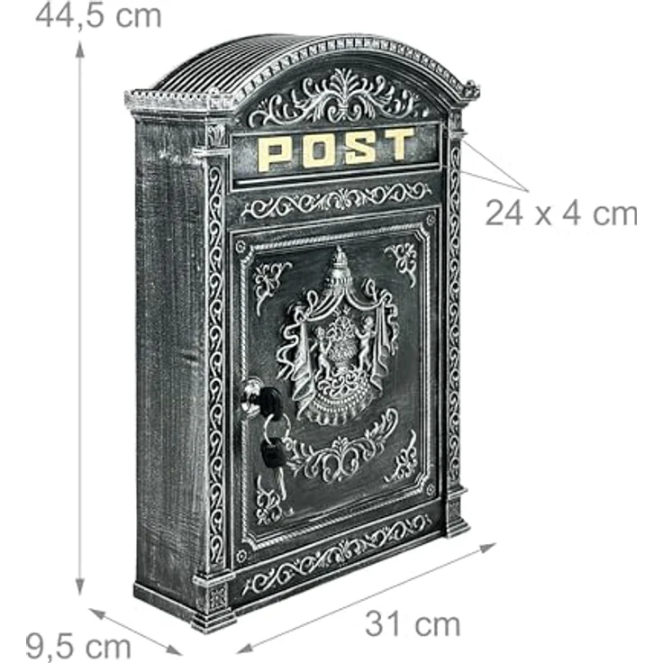 relaxdays Briefkasten Antik, grau, Vintage-Design mit Zylinderschloss und breitem Briefschlitz – Bild 4